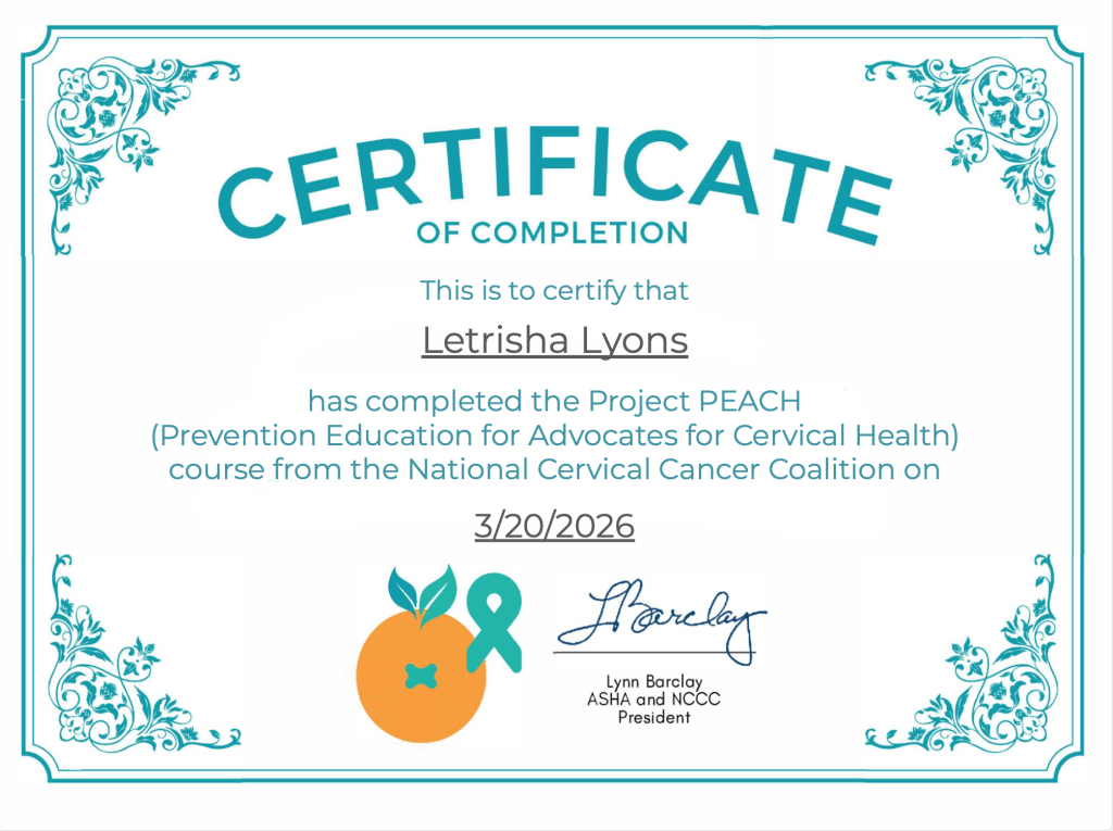 Project Peach Certificate: Trish Lyons