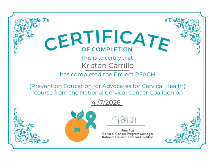 Kristen Carrillo Project PEACH Certificate