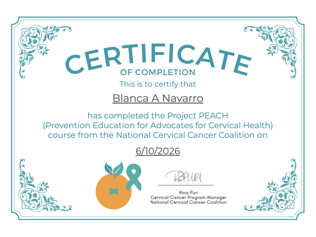 Blanca Navarro Project PEACH certificate