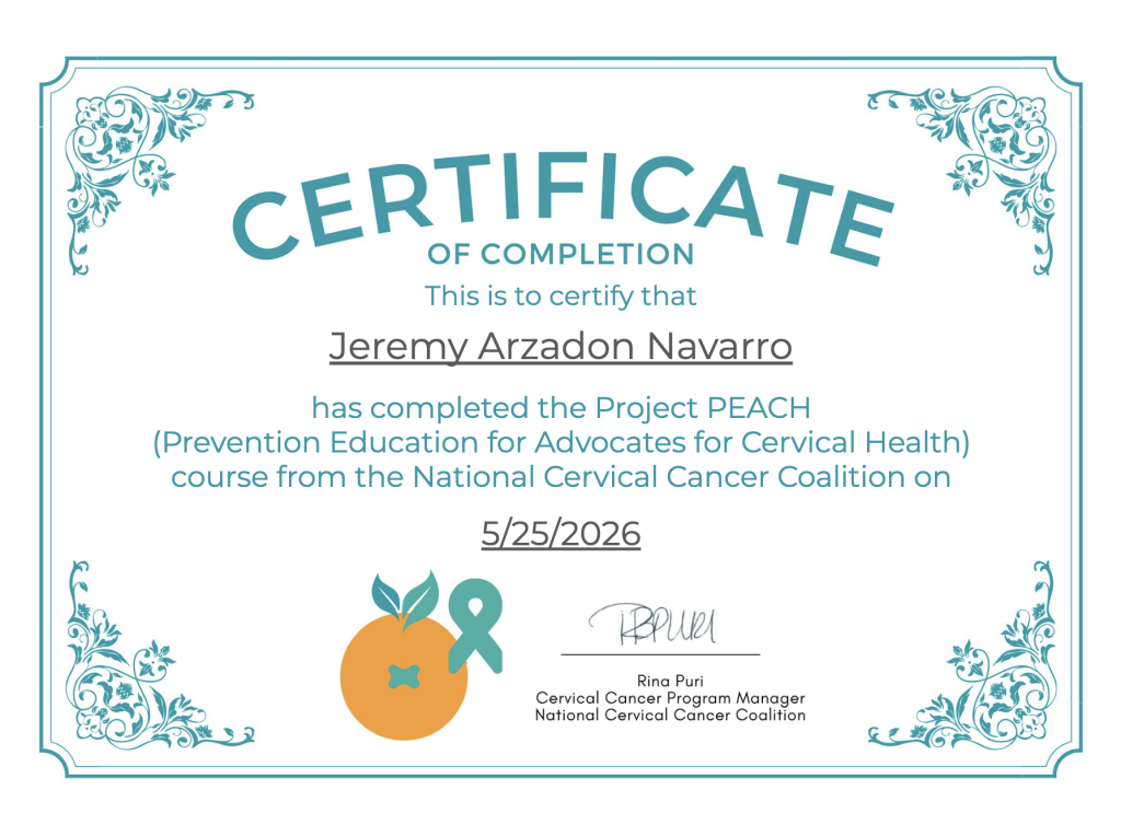 Jeremy Navarro Project PEACH certificate